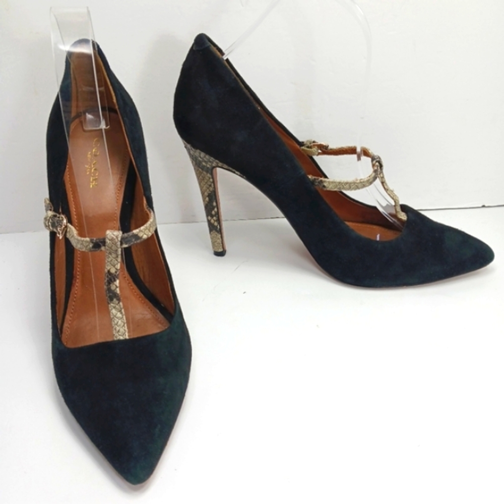 COACH Fulton Fine Black Suede Ivory Snake Embossed Leather T-Strap Pumps EUC